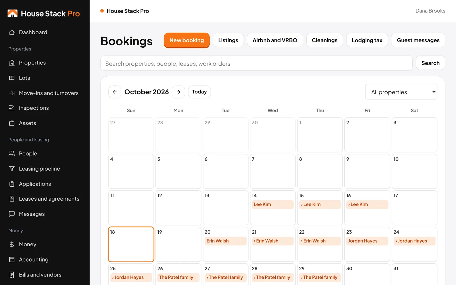 Bookings calendar with stays across the month
