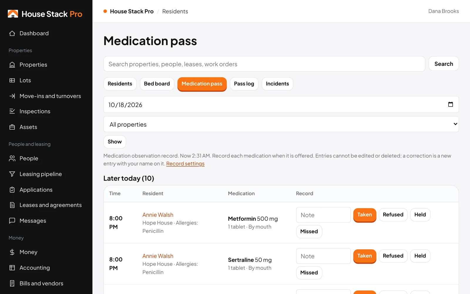 Medication pass screen with scheduled doses and Taken, Refused, Held and Missed buttons