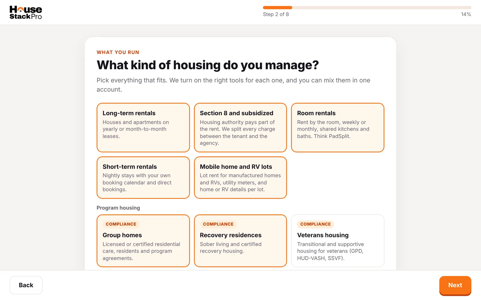 Setup wizard asking what kind of housing you manage
